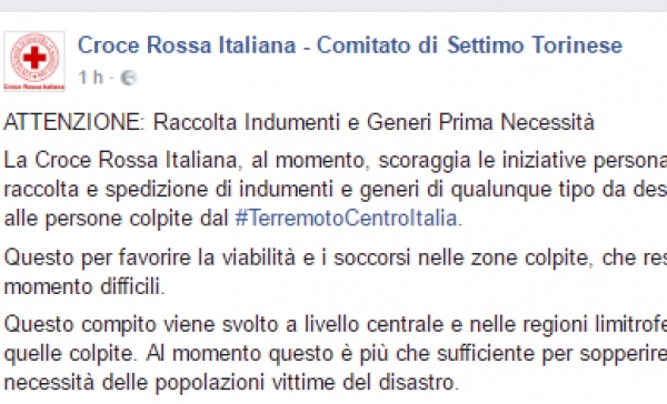 La Croce Rossa di Settimo: “In questo momento non serve raccogliere generi di conforto”