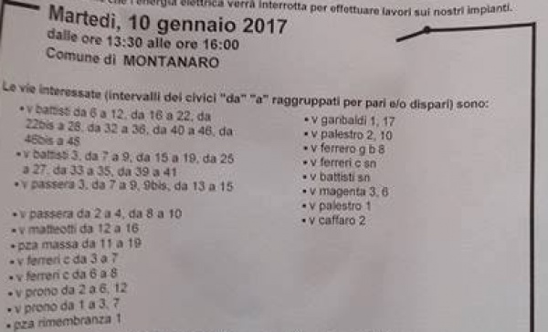 Montanaro senza energia elettrica per lavori sulla rete