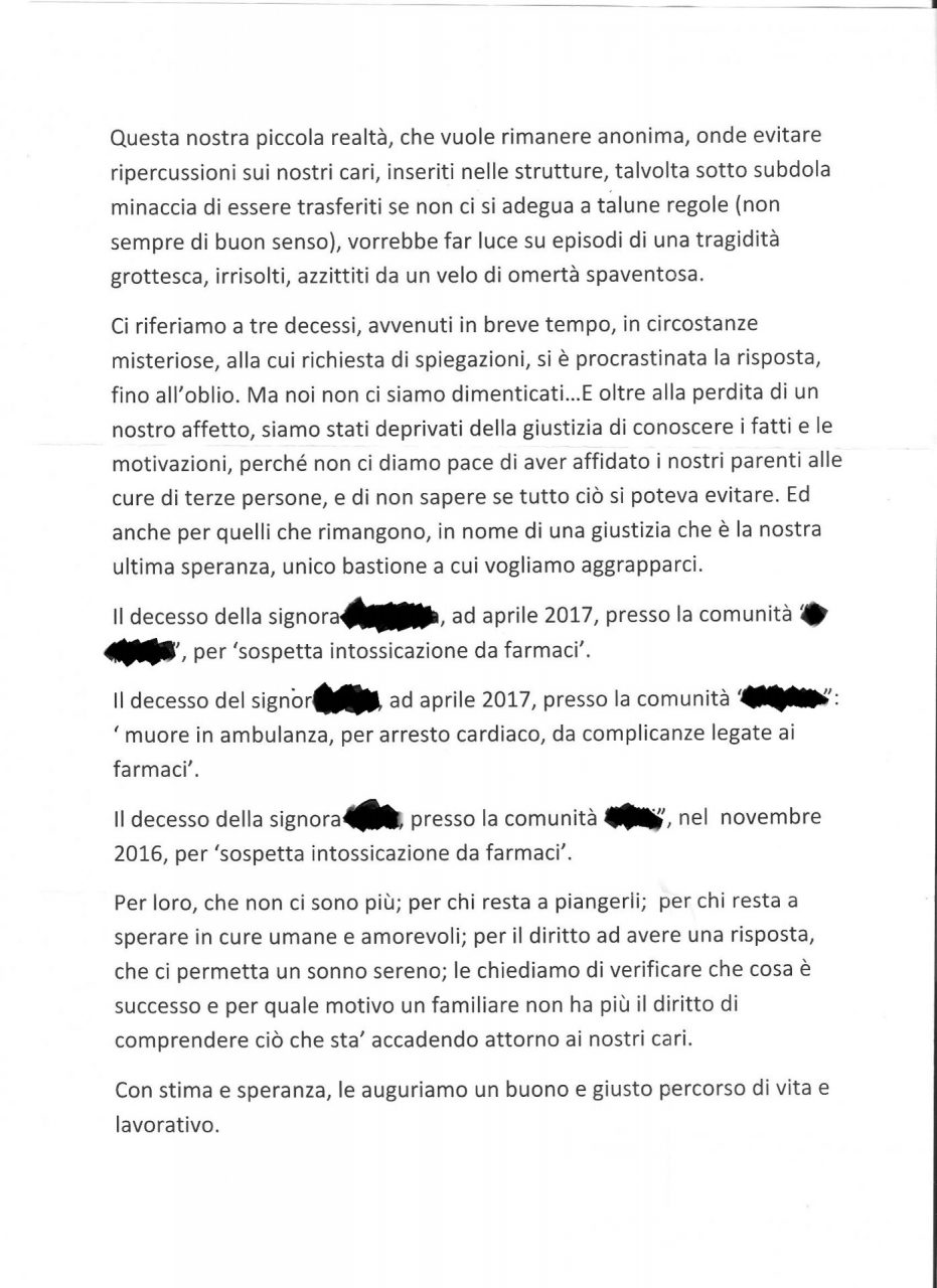 Morti sospette in strutture psichiatriche la denuncia
