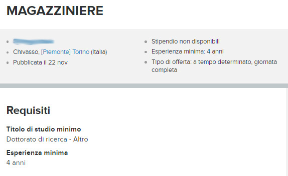 Azienda cerca magazziniere con dottorato