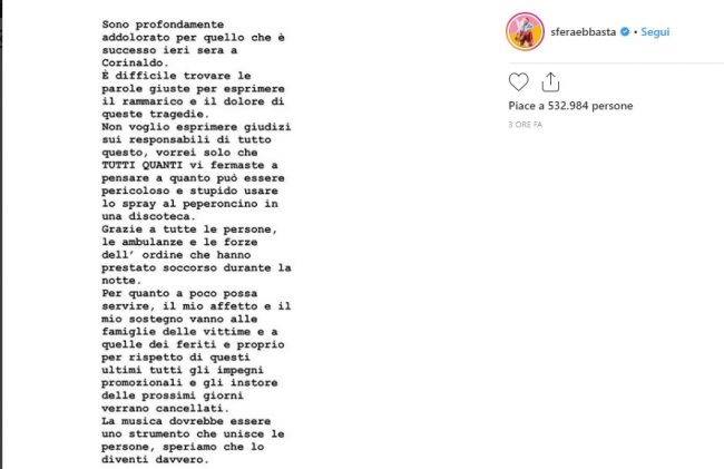 Tragedia in discoteca, Sfera Ebbasta  si ferma in segno di lutto