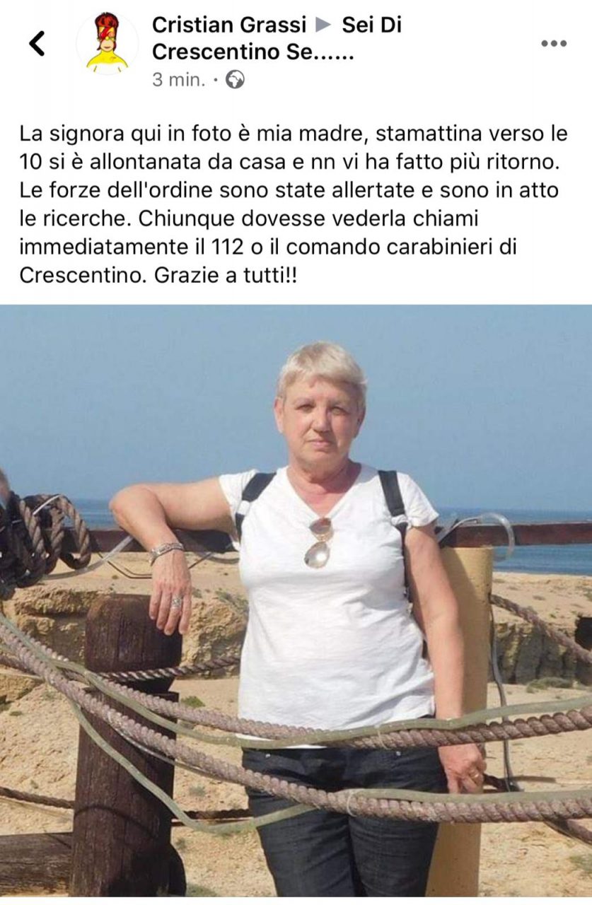 Scomparsa una donna a Crescentino, ricerche in corso LE FOTO