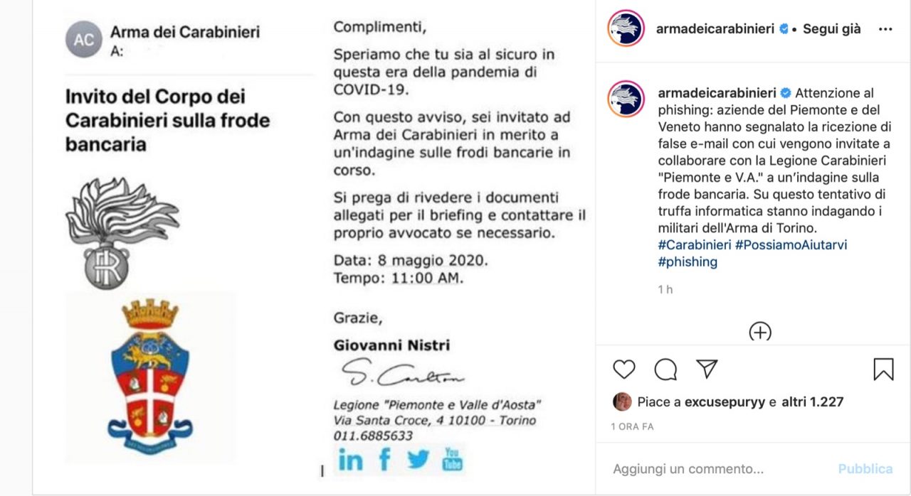Falsa mail dei Carabinieri: truffa informatica