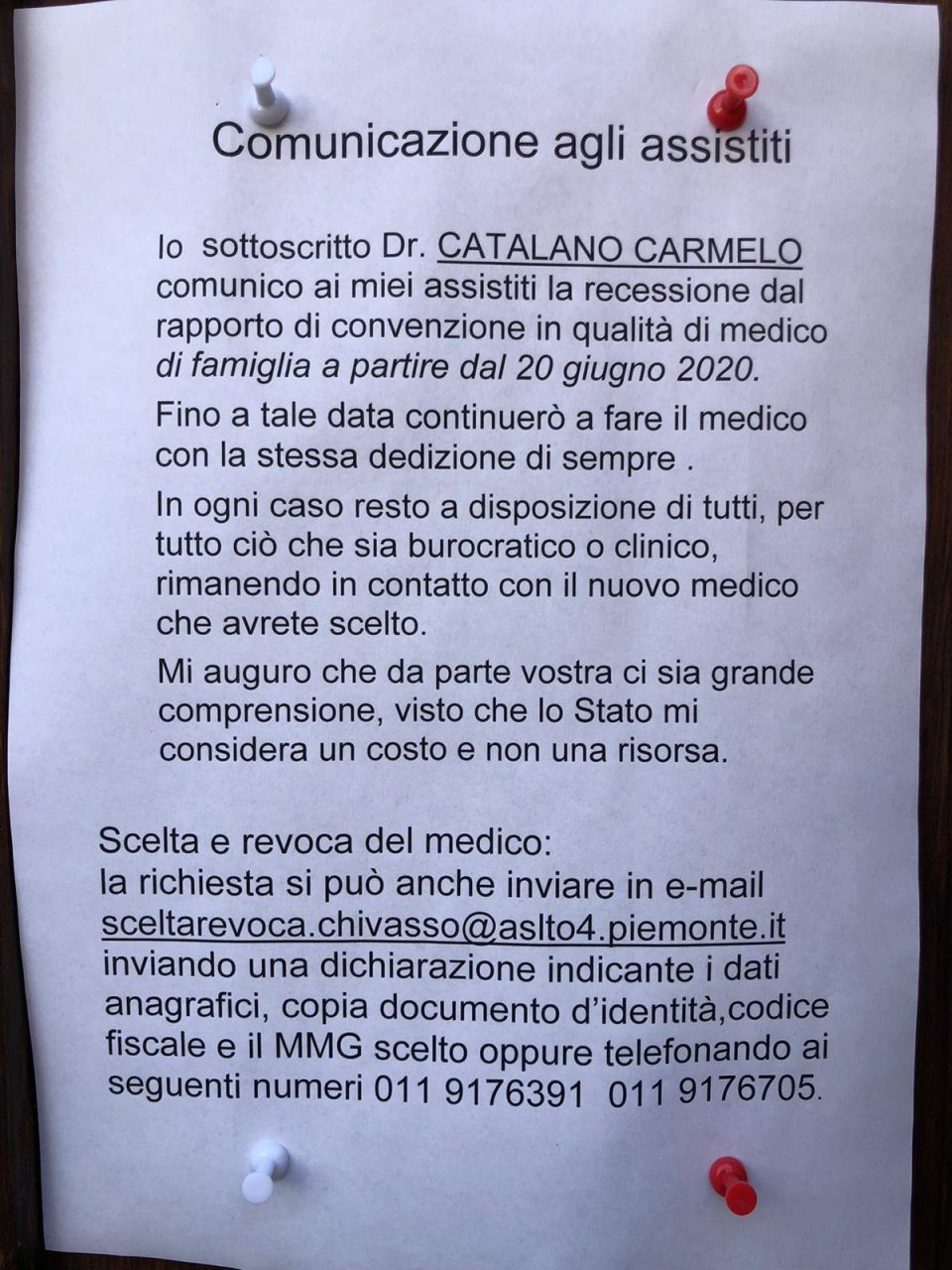 Il medico della Collina, Carmelo Catalano si dimette
