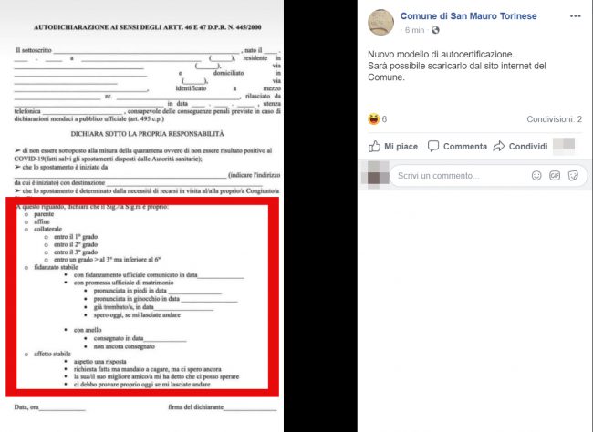 Nuova autocertificazione, il Comune pubblica quella “fake”