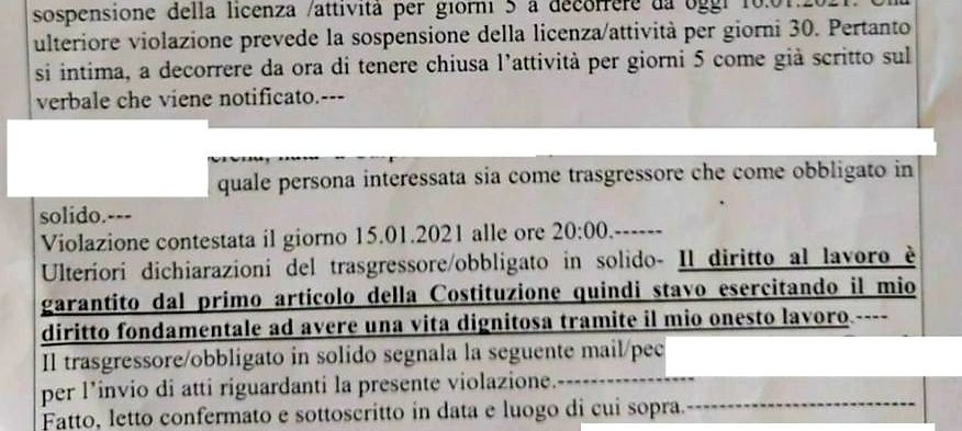 #ioapro1501, il verbale del ristoratore multato: “Lavoro garantito dalla Costituzione”