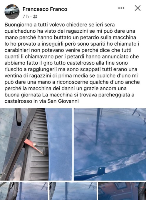 Gettano petardo su un’auto e la danneggiano: si cercano testimoni