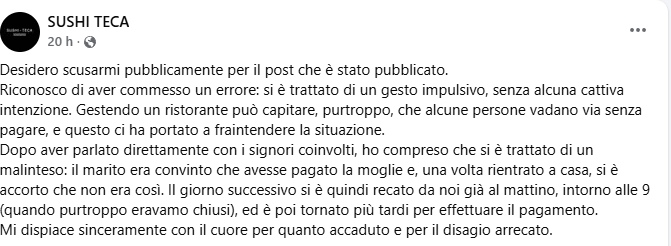 Sushi Teca, dal post di denuncia alle scuse del titolare: «È stato solo un malinteso»