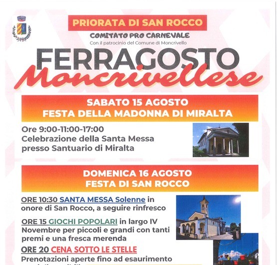 Ferragosto a Moncrivello: due giornate di festa e cena sotto le stelle